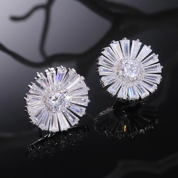 Silver Baguette Round Diamond Sunflower Earrings - Picture 7 of 9